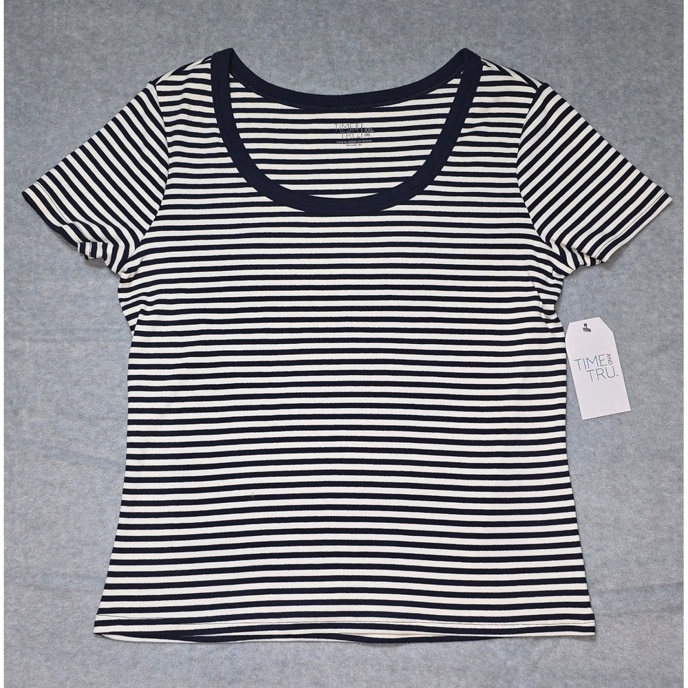 Time and Tru Striped Scoop Neck T-Shirt XXL 20 Navy Blue White Ribbed NWT